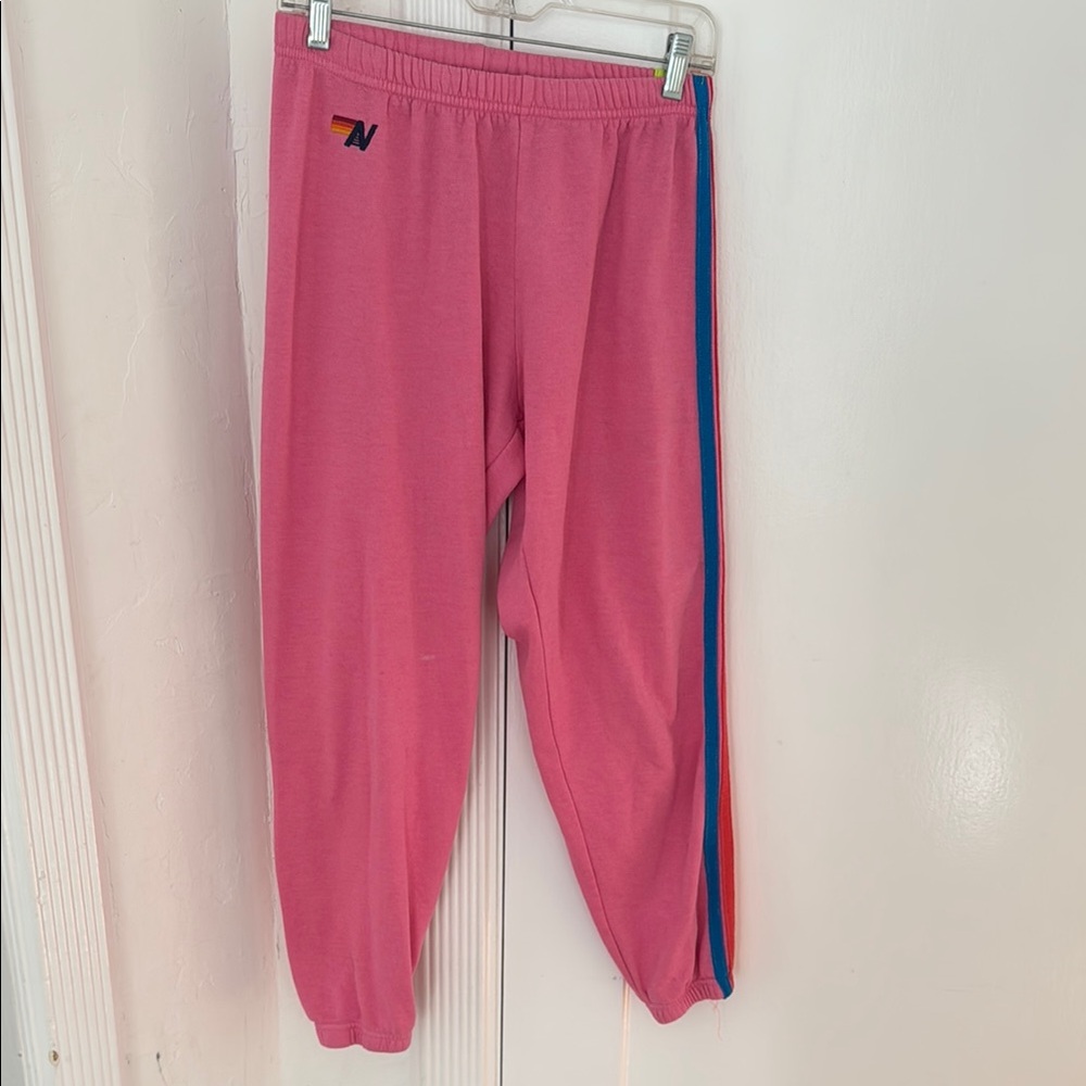 Aviator Nation Pink Track Pants with Blue Stripe